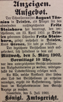 Todeserklärung von Fritz Steinborn aus Deinsen 1901