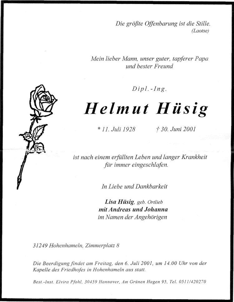 Todesanzeige von Helmut Hüsig aus Hohenhameln